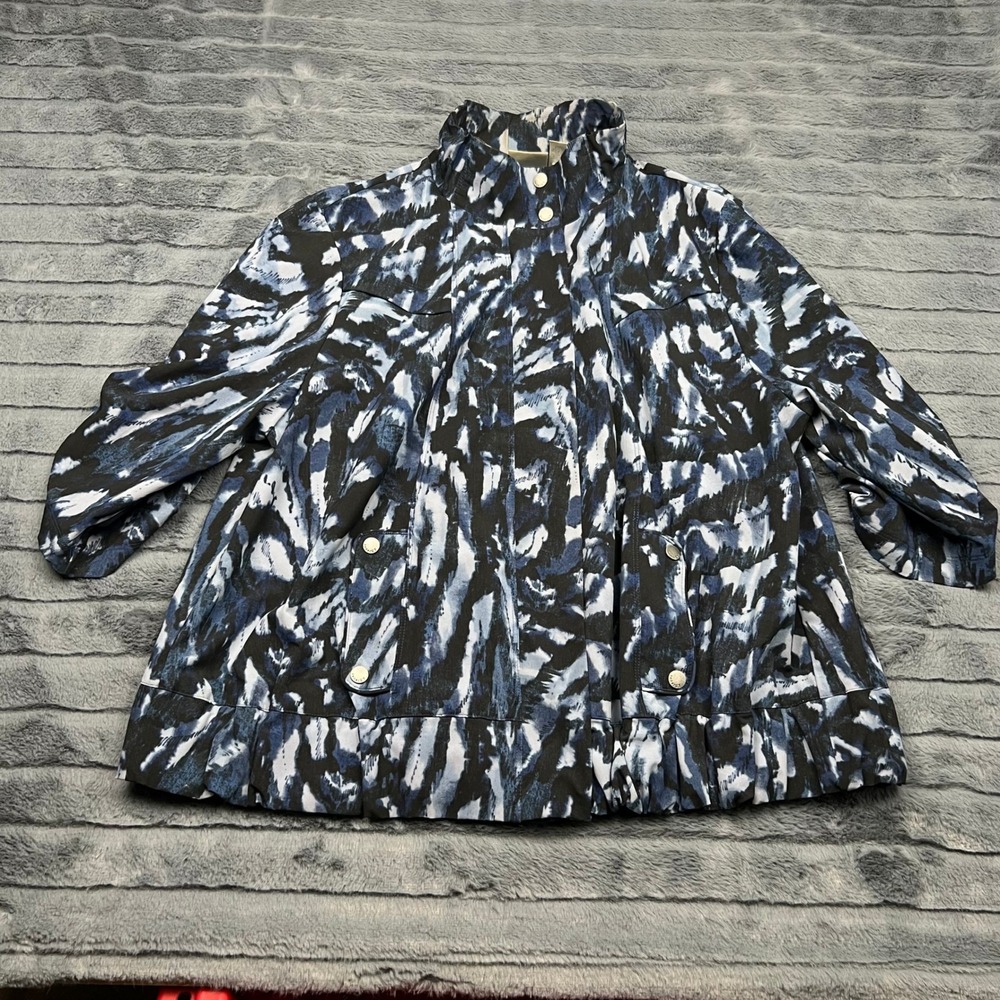 Zenergy by Chicos Blue Black Abstract Print Mock Neck Tab Sleeve Jacket Size 3